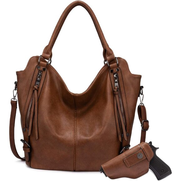 Women’s Concealed Carry Hobo Purse Faux Leather Brown Large Shoulder Bag with De - Picture 1 of 6